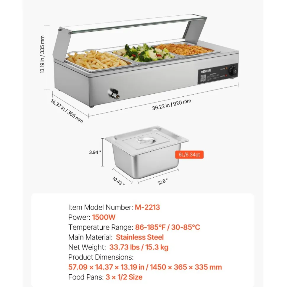 VEVOR Commercial Food Warmer, 1500W Electric Stainless Steel Steam Food Warmer with Glass Cover, Countertop Buffet Bain Marie with Three 1/2 Size Food Pans, for Catering, Restaurant, Party & Buffets