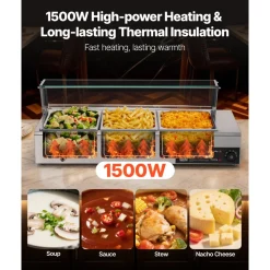 VEVOR Commercial Food Warmer, 1500W Electric Stainless Steel Steam Food Warmer with Glass Cover, Countertop Buffet Bain Marie with Three 1/2 Size Food Pans, for Catering, Restaurant, Party & Buffets