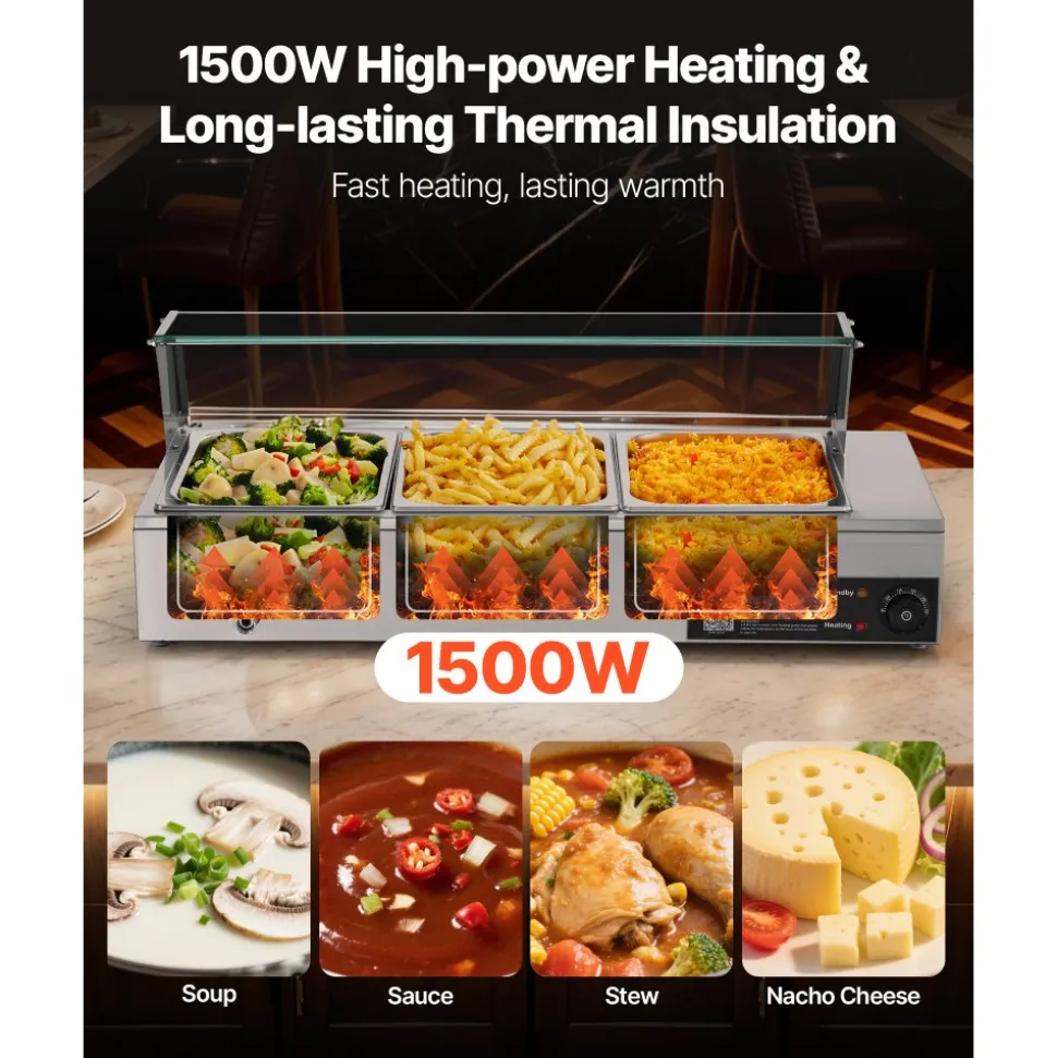 VEVOR Commercial Food Warmer, 1500W Electric Stainless Steel Steam Food Warmer with Glass Cover, Countertop Buffet Bain Marie with Three 1/2 Size Food Pans, for Catering, Restaurant, Party & Buffets