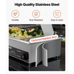 VEVOR Commercial Food Warmer, 1500W Electric Stainless Steel Steam Food Warmer with Glass Cover, Countertop Buffet Bain Marie with Three 1/2 Size Food Pans, for Catering, Restaurant, Party & Buffets