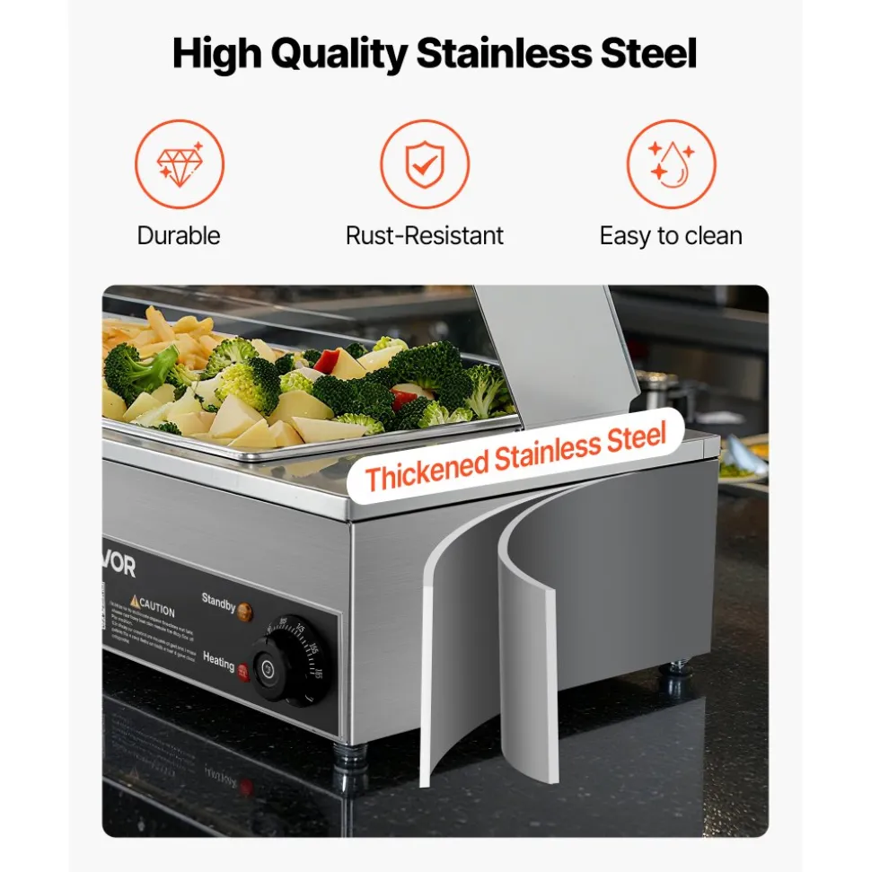 VEVOR Commercial Food Warmer, 1500W Electric Stainless Steel Steam Food Warmer with Glass Cover, Countertop Buffet Bain Marie with Three 1/2 Size Food Pans, for Catering, Restaurant, Party & Buffets