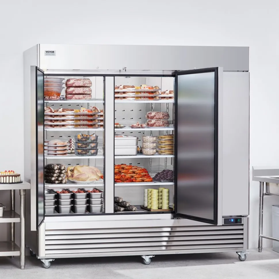 VEVOR Commercial Freezer 60.42 Cu.ft, Reach In 82.5" W Upright Freezer 3 Doors, Auto-Defrost Stainless Steel Reach-in Freezer with 12 Adjustable Shelves, -13 to 5℉ Temp Control, LED Lighting, 4 Wheels