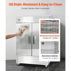 VEVOR Commercial Freezer, 32.2 in Width Reach In Upright-Freezer Double Door, 43.2 Cu.ft Auto-Defrost Stainless Steel Freezer with 8 Adjustable Shelves, -11 to 14℉ Temp Control, LED Light, 4 Wheels