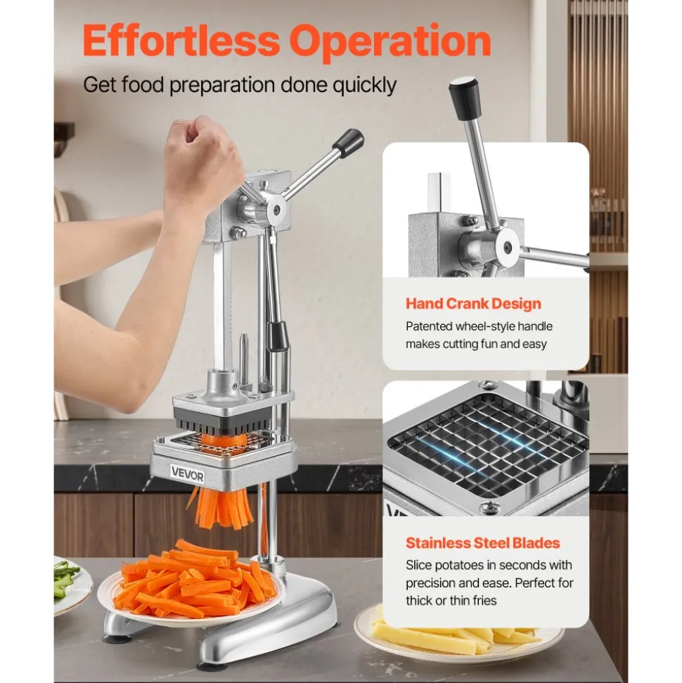 VEVOR Commercial French Fry Cutter, Stainless Steel Vegetable Fruit Chopper with 3 Replacement Blades 1/2-Inch 3/8-Inch 1/4-Inch, Manual Potato Slicer Dicer for Restaurants & Home Kitchen