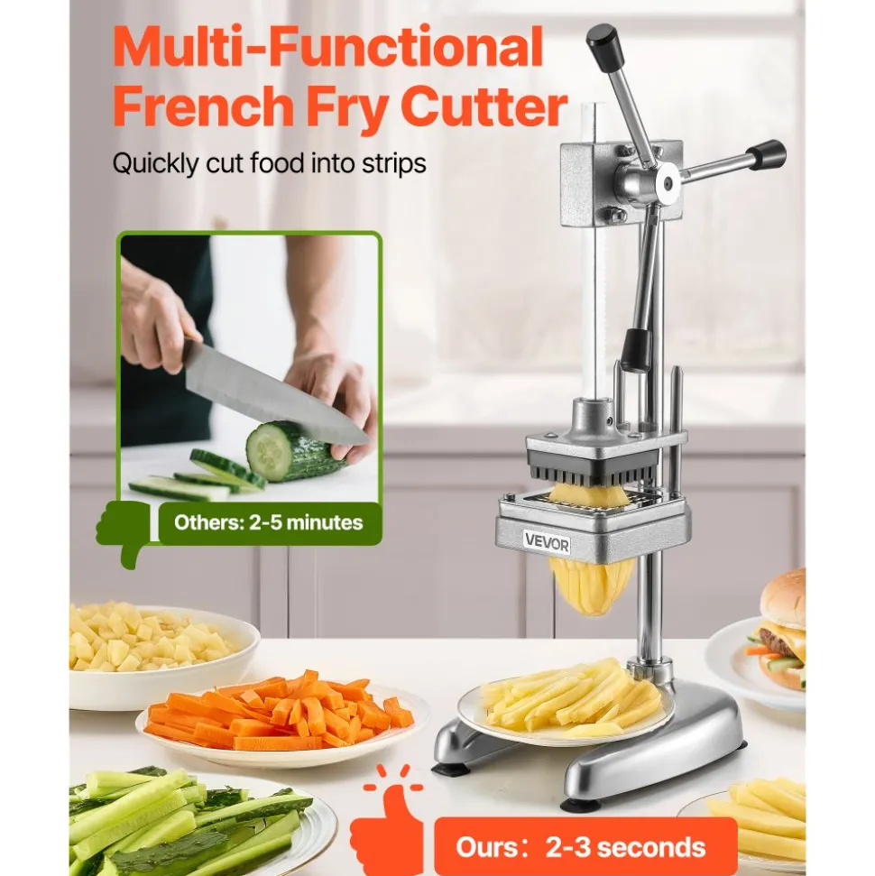 VEVOR Commercial French Fry Cutter, Stainless Steel Vegetable Fruit Chopper with 3 Replacement Blades 1/2-Inch 3/8-Inch 1/4-Inch, Manual Potato Slicer Dicer for Restaurants & Home Kitchen