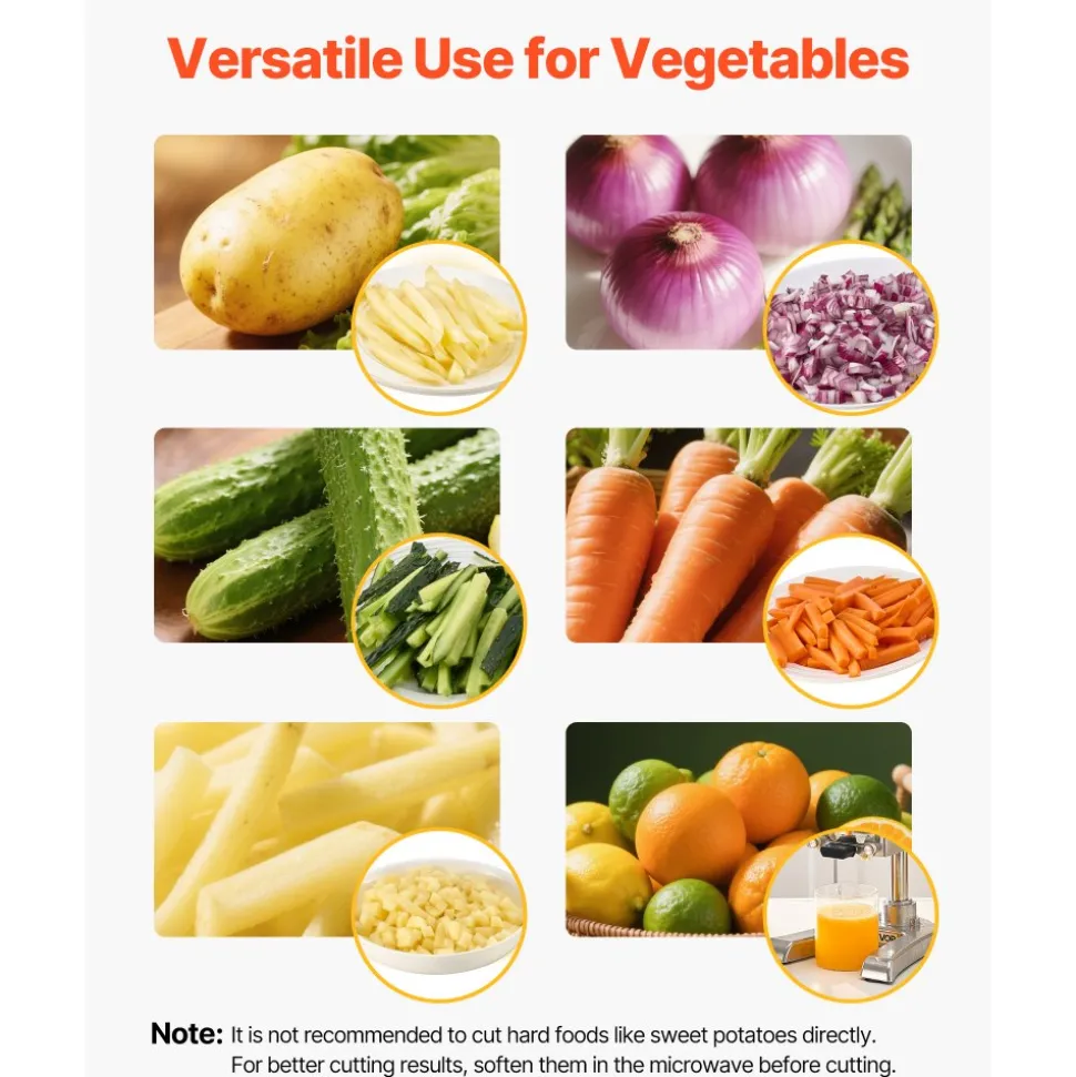 VEVOR Commercial French Fry Cutter, Stainless Steel Vegetable Fruit Chopper with 3 Replacement Blades 1/2-Inch 3/8-Inch 1/4-Inch, and a Juicing Blade, Manual Potato Slicer Dicer for Restaurants & Home