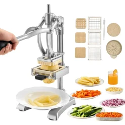 VEVOR Commercial French Fry Cutter, Stainless Steel Vegetable Fruit Chopper with 3 Replacement Blades 1/2-Inch 3/8-Inch 1/4-Inch, and a Juicing Blade, Manual Potato Slicer Dicer for Restaurants & Home