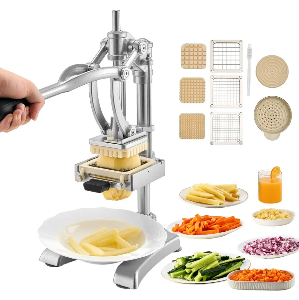 VEVOR Commercial French Fry Cutter, Stainless Steel Vegetable Fruit Chopper with 3 Replacement Blades 1/2-Inch 3/8-Inch 1/4-Inch, and a Juicing Blade, Manual Potato Slicer Dicer for Restaurants & Home