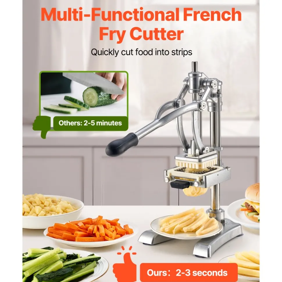 VEVOR Commercial French Fry Cutter, Stainless Steel Vegetable Fruit Chopper with 3 Replacement Blades 1/2-Inch 3/8-Inch 1/4-Inch, and a Juicing Blade, Manual Potato Slicer Dicer for Restaurants & Home