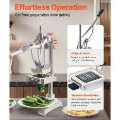 VEVOR Commercial French Fry Cutter, Stainless Steel Vegetable Fruit Chopper with 3 Replacement Blades 1/2-Inch 3/8-Inch 1/4-Inch, and a Juicing Blade, Manual Potato Slicer Dicer for Restaurants & Home