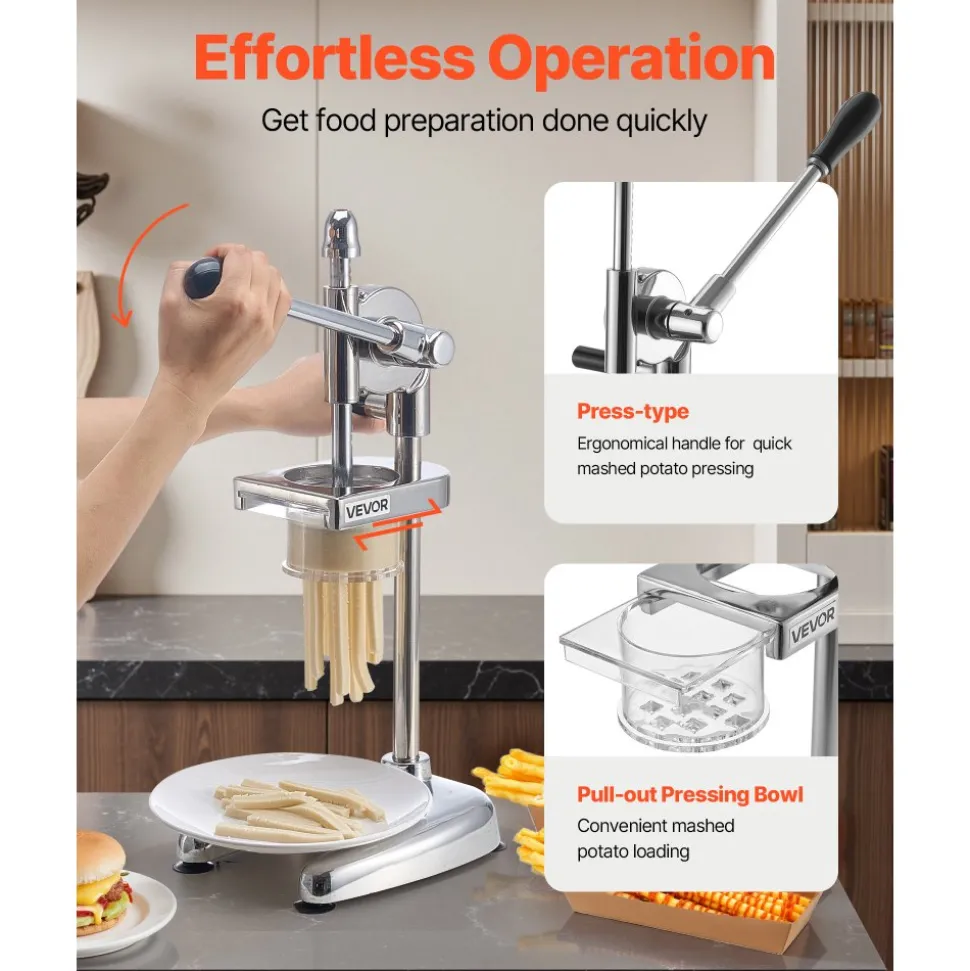VEVOR Commercial French Fry Cutter, Stainless Steel Fried Potato Strips Squeezer, Long French Fries Maker with Pull-out Extruder, Manual Mashed Potato Squeezer Machine for Restaurants & Home Kitchen