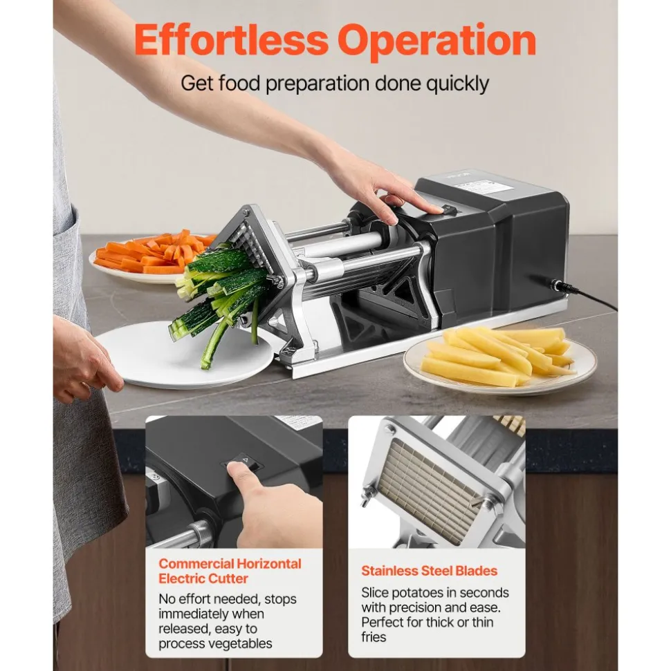 VEVOR Commercial French Fry Cutter, Stainless Steel Vegetable Fruit Chopper with 3 Replacement Blades 1/2-Inch 3/8-Inch 1/4-Inch, Electric Potato Slicer Dicer for Restaurants & Home Kitchen