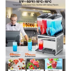 VEVOR Commercial Frozen Drink Maker, 15Lx2 Double Tank Slushy Machine, 120 Cups Stainless Steel Margarita Smoothie Frozen Drink Machine, Slushie Maker for Home Party Restaurants Cafe Bars