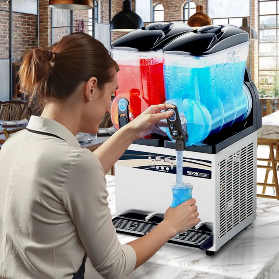 VEVOR Commercial Frozen Drink Maker, 15Lx2 Double Tank Slushy Machine, 120 Cups Stainless Steel Margarita Smoothie Frozen Drink Machine, Slushie Maker for Home Party Restaurants Cafe Bars