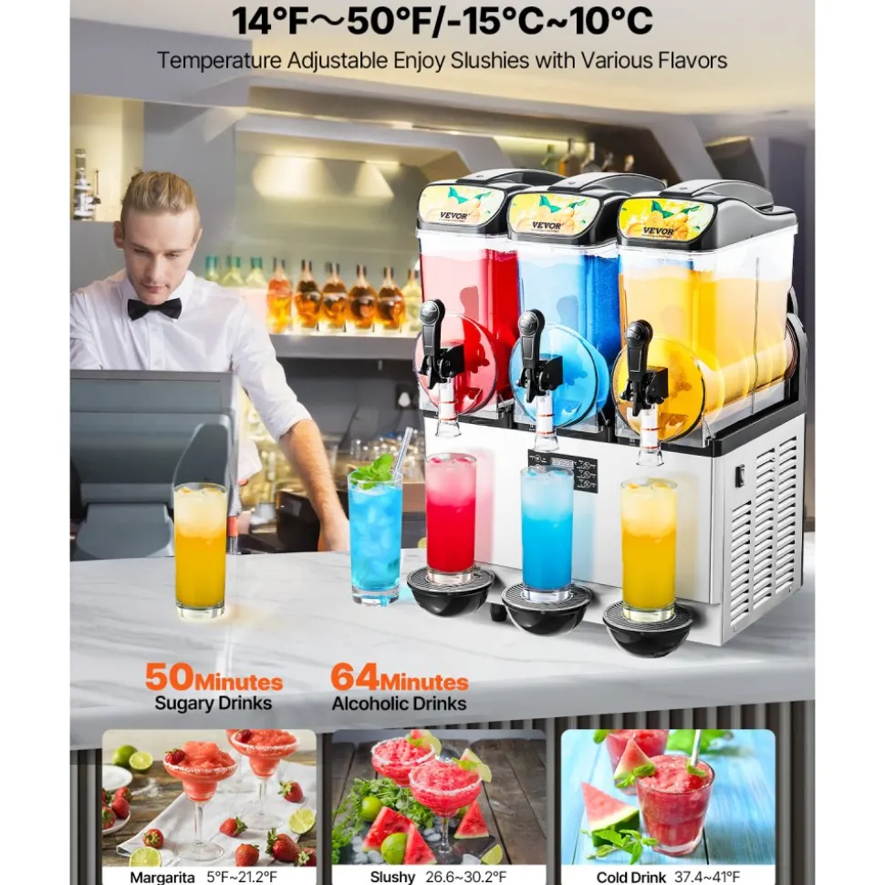 VEVOR Commercial Frozen Drink Maker, 15L Single Tank Slushy Machine, 60 Cups Stainless Steel Margarita Smoothie Frozen Drink Machine, Slushie Maker for Home Party Restaurants Cafe Bars