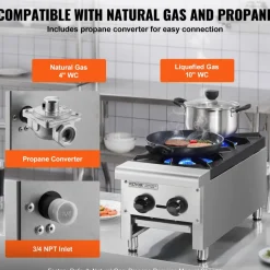 VEVOR Commercial Gas Stove with 2 Burners, Propane and Natural Gas Countertop Cooking Stove Range, Stainless Steel Gas Hot Plate, Commercial Cooking Equipment for Restaurant, 180,000 BTU