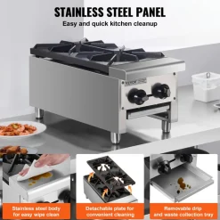 VEVOR Commercial Gas Stove with 2 Burners, Propane and Natural Gas Countertop Cooking Stove Range, Stainless Steel Gas Hot Plate, Commercial Cooking Equipment for Restaurant, 180,000 BTU