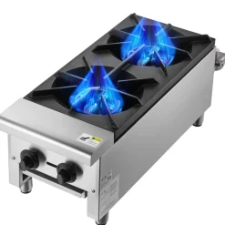 VEVOR Commercial Gas Stove with 2 Burners, Propane and Natural Gas Countertop Cooking Stove Range, Stainless Steel Gas Hot Plate, Commercial Cooking Equipment for Restaurant, 180,000 BTU