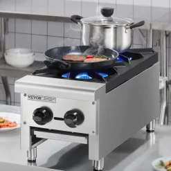 VEVOR Commercial Gas Stove with 2 Burners, Propane and Natural Gas Countertop Cooking Stove Range, Stainless Steel Gas Hot Plate, Commercial Cooking Equipment for Restaurant, 180,000 BTU