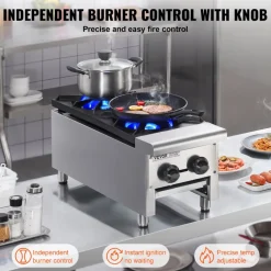 VEVOR Commercial Gas Stove with 2 Burners, Propane and Natural Gas Countertop Cooking Stove Range, Stainless Steel Gas Hot Plate, Commercial Cooking Equipment for Restaurant, 180,000 BTU