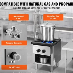 VEVOR Commercial Gas Stove with 4 Burners, Propane and Natural Gas Countertop Cooking Stove Range, Stainless Steel Gas Hot Plate, Commercial Cooking Equipment for Restaurant, 112,000 BTU