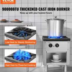 VEVOR Commercial Gas Stove with Cabinet, Propane and Natural Gas Countertop Cooking Stove Range, Stainless Steel Gas Hot Plate, Commercial Cooking Equipment for Restaurant, 90,000 BTU