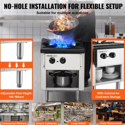 VEVOR Commercial Gas Stove with Cabinet, Propane and Natural Gas Countertop Cooking Stove Range, Stainless Steel Gas Hot Plate, Commercial Cooking Equipment for Restaurant, 90,000 BTU