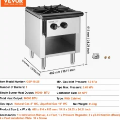VEVOR Commercial Gas Stove with Cabinet, Propane and Natural Gas Countertop Cooking Stove Range, Stainless Steel Gas Hot Plate, Commercial Cooking Equipment for Restaurant, 90,000 BTU
