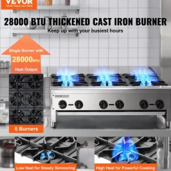VEVOR Commercial Gas Stove with 6 Burners, Propane and Natural Gas Countertop Cooking Stove Range, Stainless Steel Gas Hot Plate, Commercial Cooking Equipment for Restaurant, 168,000 BTU