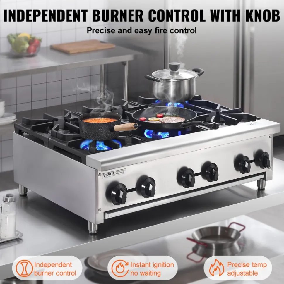 VEVOR Commercial Gas Stove with 6 Burners, Propane and Natural Gas Countertop Cooking Stove Range, Stainless Steel Gas Hot Plate, Commercial Cooking Equipment for Restaurant, 168,000 BTU