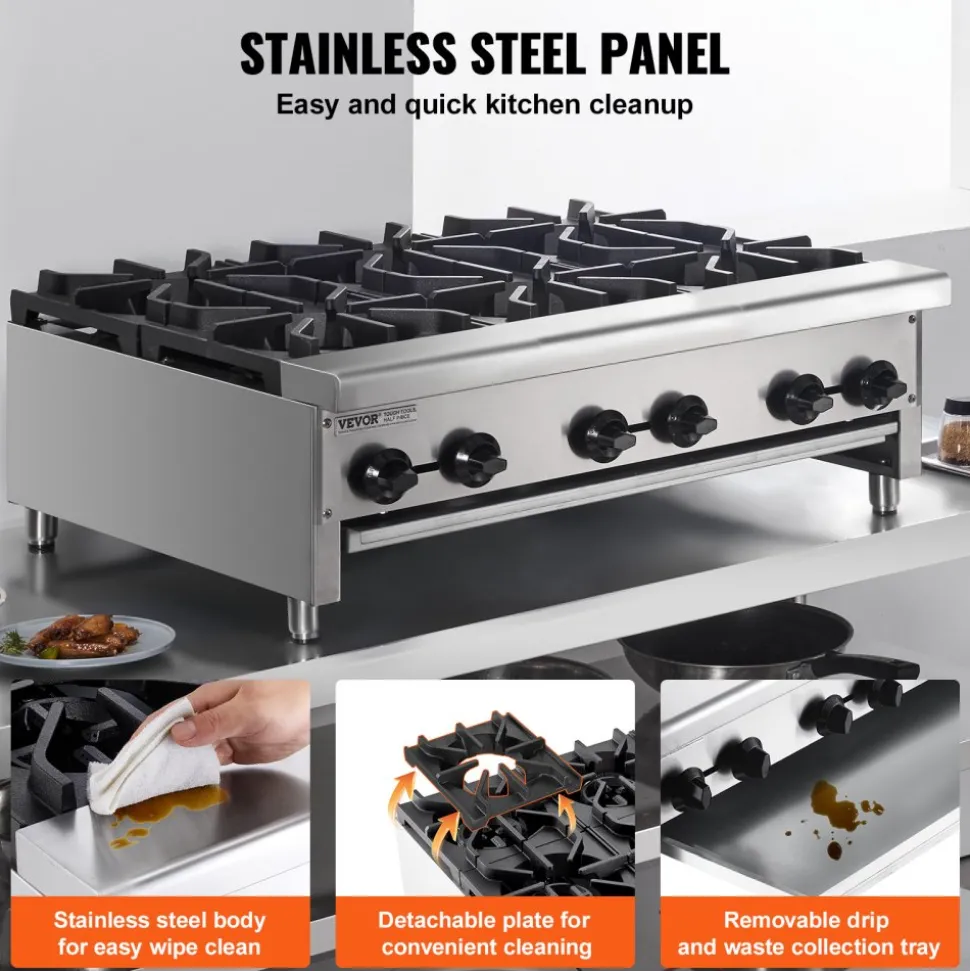 VEVOR Commercial Gas Stove with 6 Burners, Propane and Natural Gas Countertop Cooking Stove Range, Stainless Steel Gas Hot Plate, Commercial Cooking Equipment for Restaurant, 168,000 BTU
