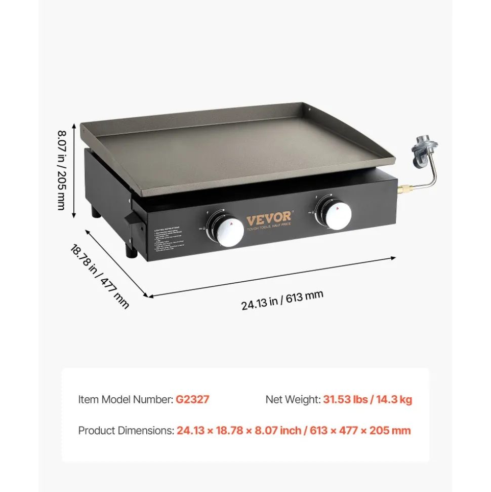 VEVOR Commercial Griddle, 22.4" Heavy Duty Manual Flat Top Griddle, Countertop Gas Grill with Non-Stick Cooking Plate, Countertop Gas Griddle, H-Shaped Burner Restaurant Portable Grill, 13,000 BTU