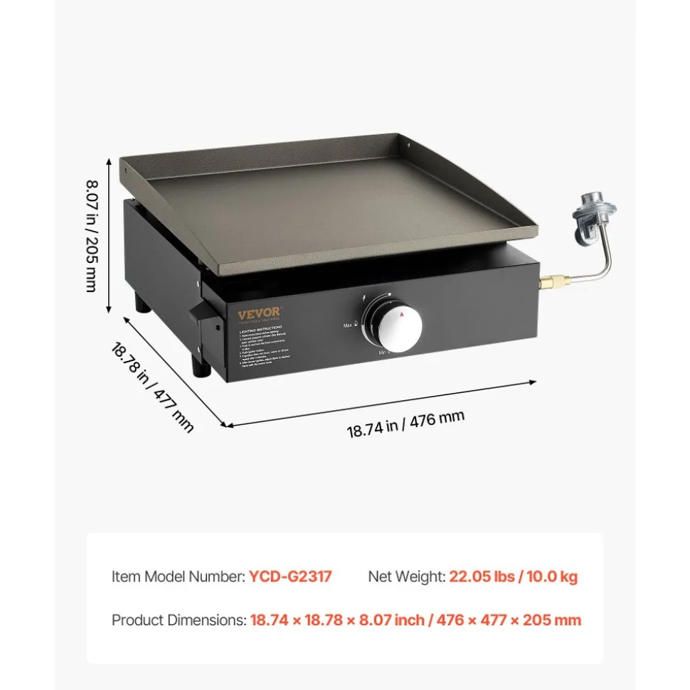 VEVOR Commercial Griddle, 16.9" Heavy Duty Manual Flat Top Griddle, Countertop Gas Grill with Non-Stick Cooking Plate, Steel Natural Gas Griddle, 2-Burners Restaurant Portable Grill - 22,000 BTU