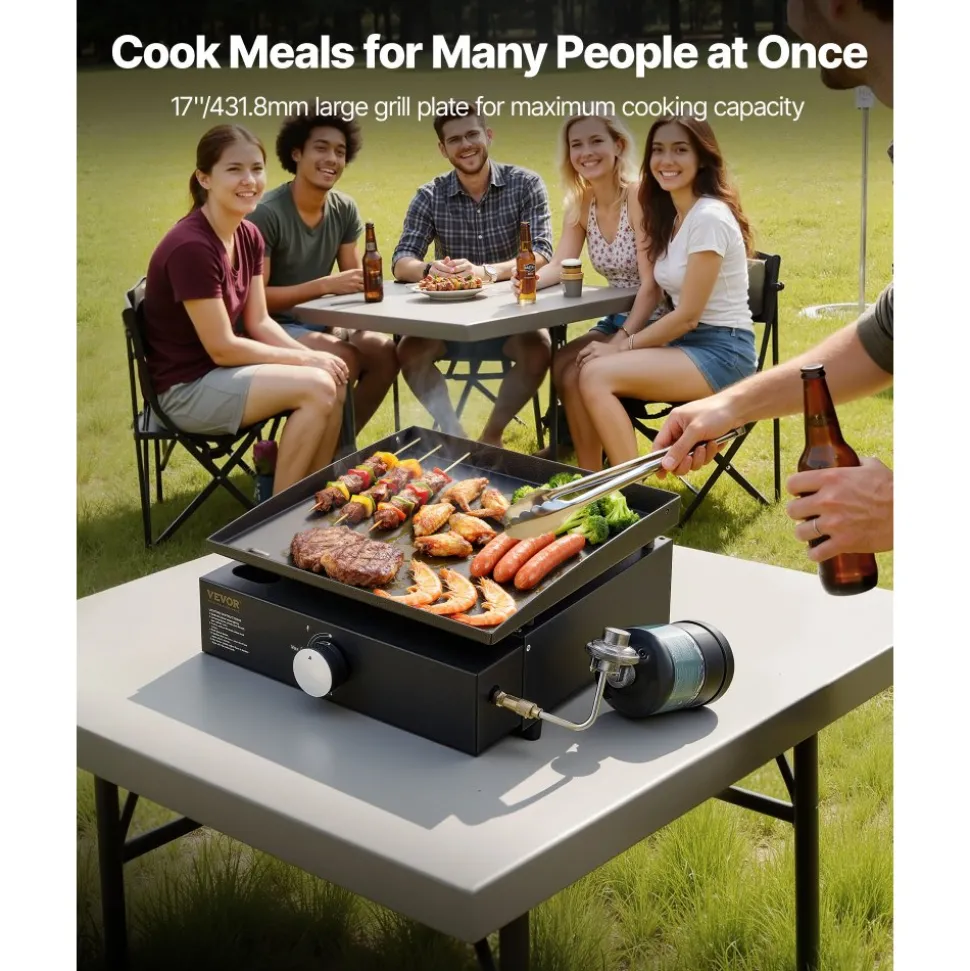 VEVOR Commercial Griddle, 16.9" Heavy Duty Manual Flat Top Griddle, Countertop Gas Grill with Non-Stick Cooking Plate, Steel Natural Gas Griddle, 2-Burners Restaurant Portable Grill - 22,000 BTU