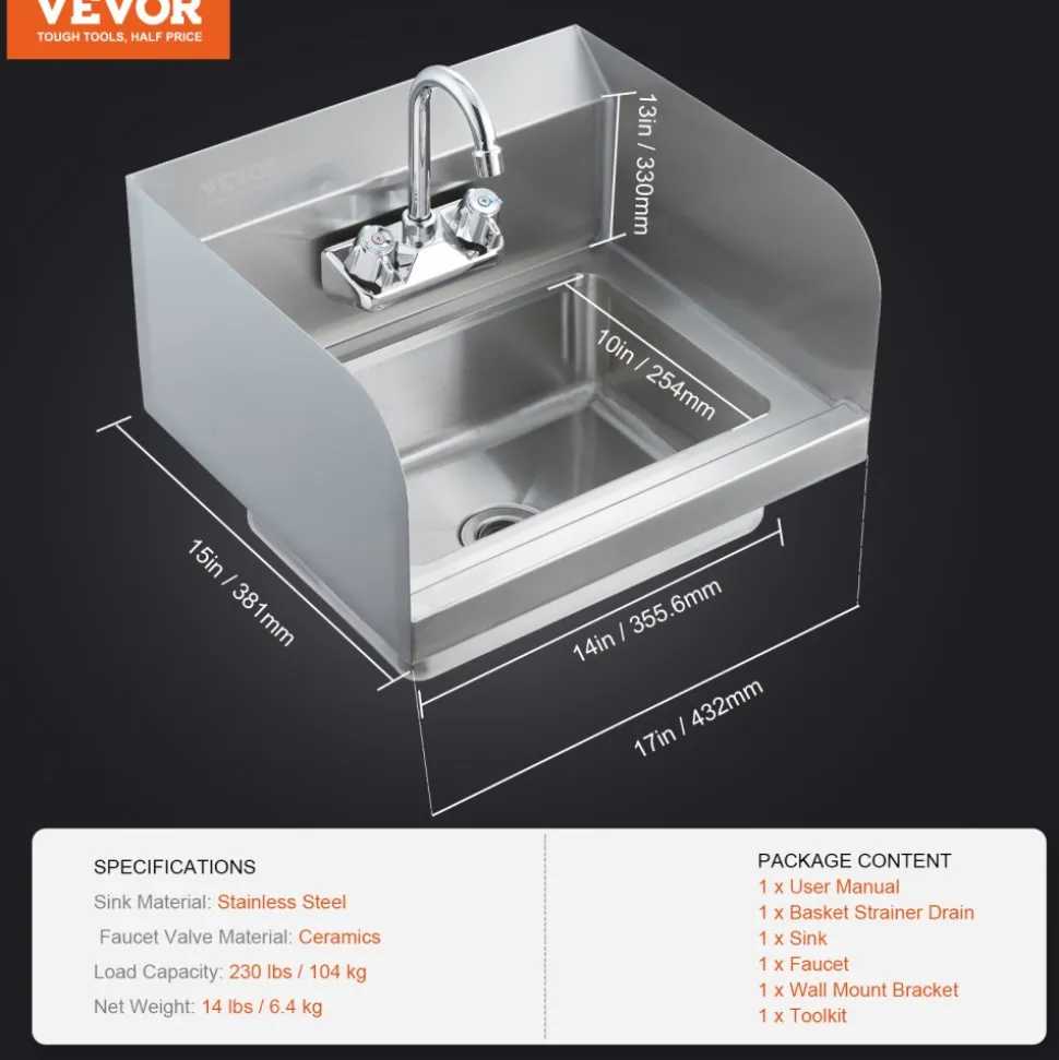 VEVOR Commercial Hand Sink with Faucet and Side Splash, Stainless Steel Sink for Washing, Small Hand Washing Sink, Wall Mount Hand Basin for Restaurant, Kitchen, Bar, Garage and Home, 17x12.8 inch