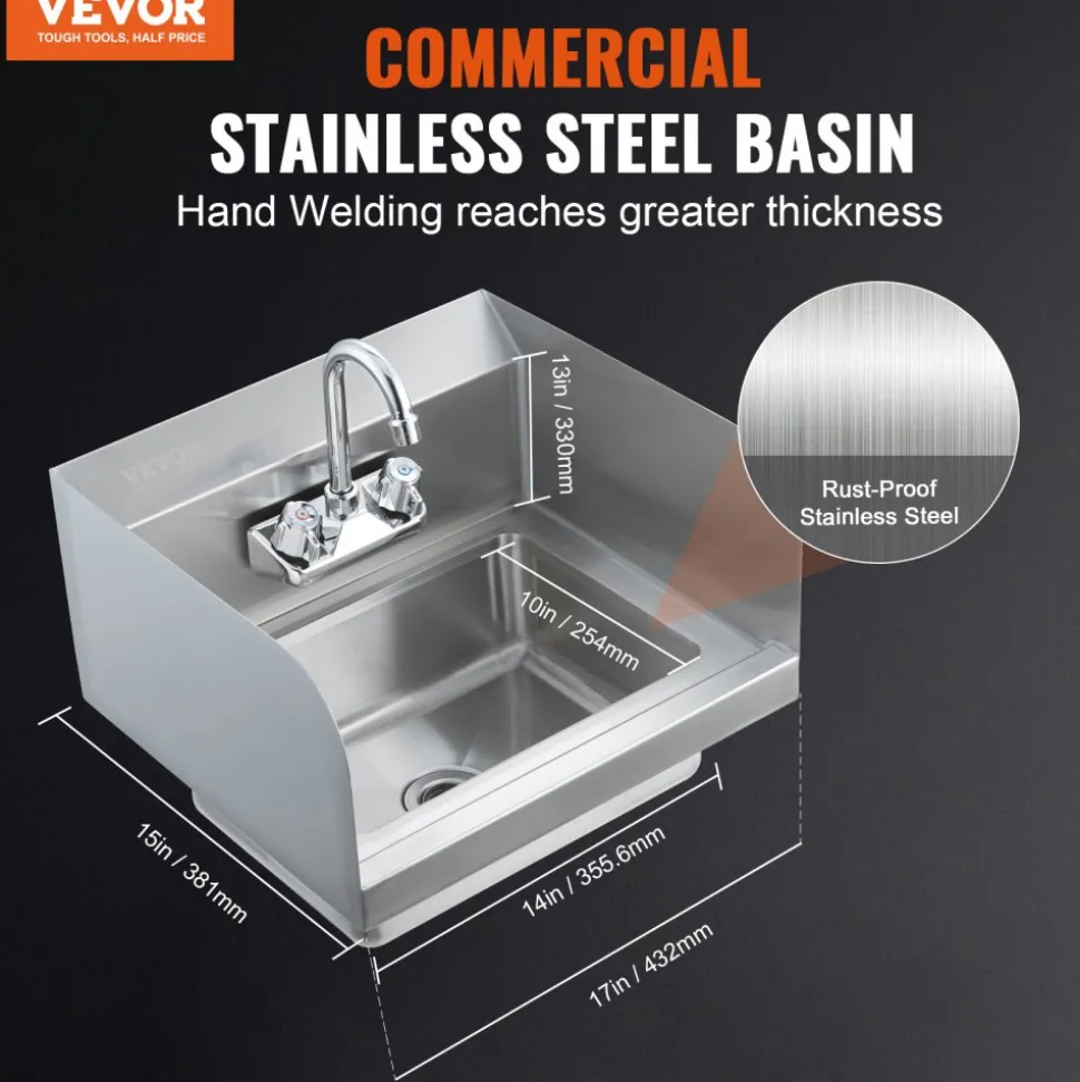 VEVOR Commercial Hand Sink with Faucet and Side Splash, Stainless Steel Sink for Washing, Small Hand Washing Sink, Wall Mount Hand Basin for Restaurant, Kitchen, Bar, Garage and Home, 17x12.8 inch