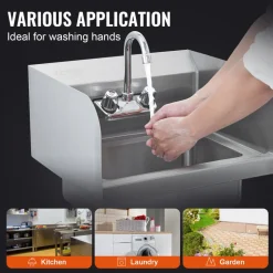 VEVOR Commercial Hand Sink with Faucet and Side Splash, Stainless Steel Sink for Washing, Small Hand Washing Sink, Wall Mount Hand Basin for Restaurant, Kitchen, Bar, Garage and Home, 17x12.8 inch