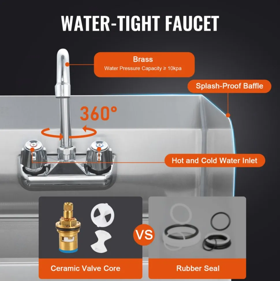 VEVOR Commercial Hand Sink with Faucet and Side Splash, Stainless Steel Sink for Washing, Small Hand Washing Sink, Wall Mount Hand Basin for Restaurant, Kitchen, Bar, Garage and Home, 17x12.8 inch