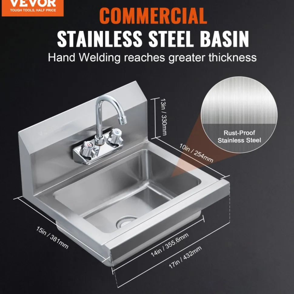 VEVOR Commercial Hand Sink with Faucet, Stainless Steel Sink for Washing, Small Hand Washing Sink, Wall Mount Hand Basin, Utility Sink for Restaurant, Kitchen, Bar, Garage and Home, 17 x 12.8 inch