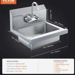 VEVOR Commercial Hand Sink with Faucet, Stainless Steel Sink for Washing, Small Hand Washing Sink, Wall Mount Hand Basin, Utility Sink for Restaurant, Kitchen, Bar, Garage and Home, 17 x 12.8 inch