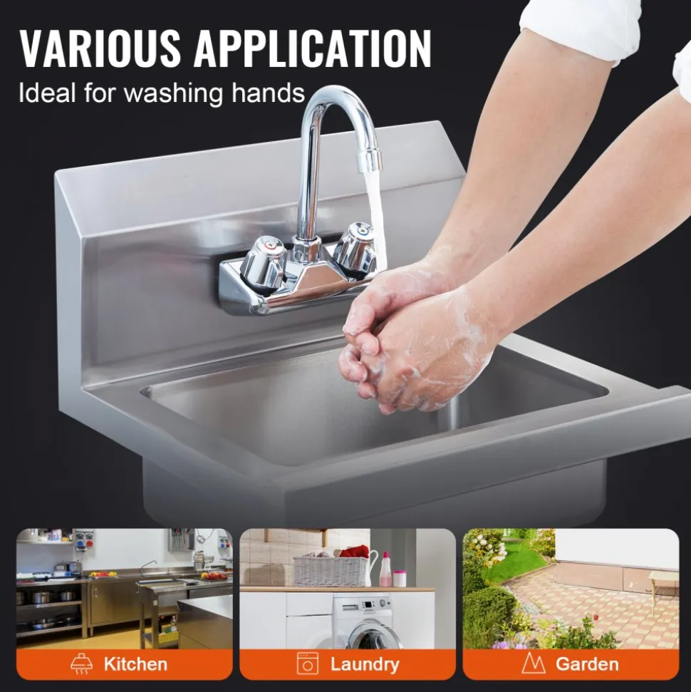VEVOR Commercial Hand Sink with Faucet, Stainless Steel Sink for Washing, Small Hand Washing Sink, Wall Mount Hand Basin, Utility Sink for Restaurant, Kitchen, Bar, Garage and Home, 17 x 12.8 inch