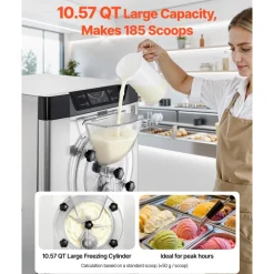 VEVOR Commercial Hard Ice Cream Machine, 2400W 3.17 to 5.28 Gallons per Hour, Gelato Hard Serve Ice Cream Maker with 10L 304 Stainless Steel Cylinder, Auto Clean LED Panel for Snack Bar Restaurants