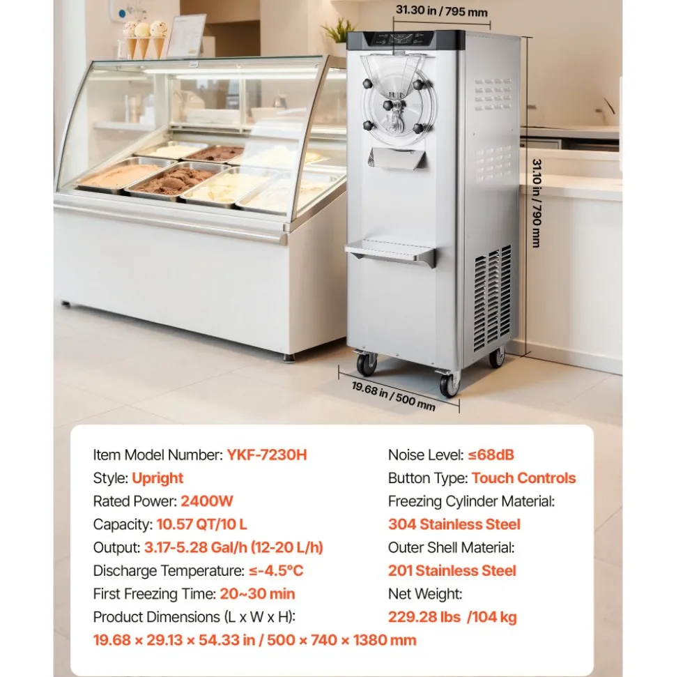 VEVOR Commercial Hard Ice Cream Machine, 2400W 3.17 to 5.28 Gallons per Hour, Gelato Hard Serve Ice Cream Maker with 10L 304 Stainless Steel Cylinder, Auto Clean LED Panel for Snack Bar Restaurants