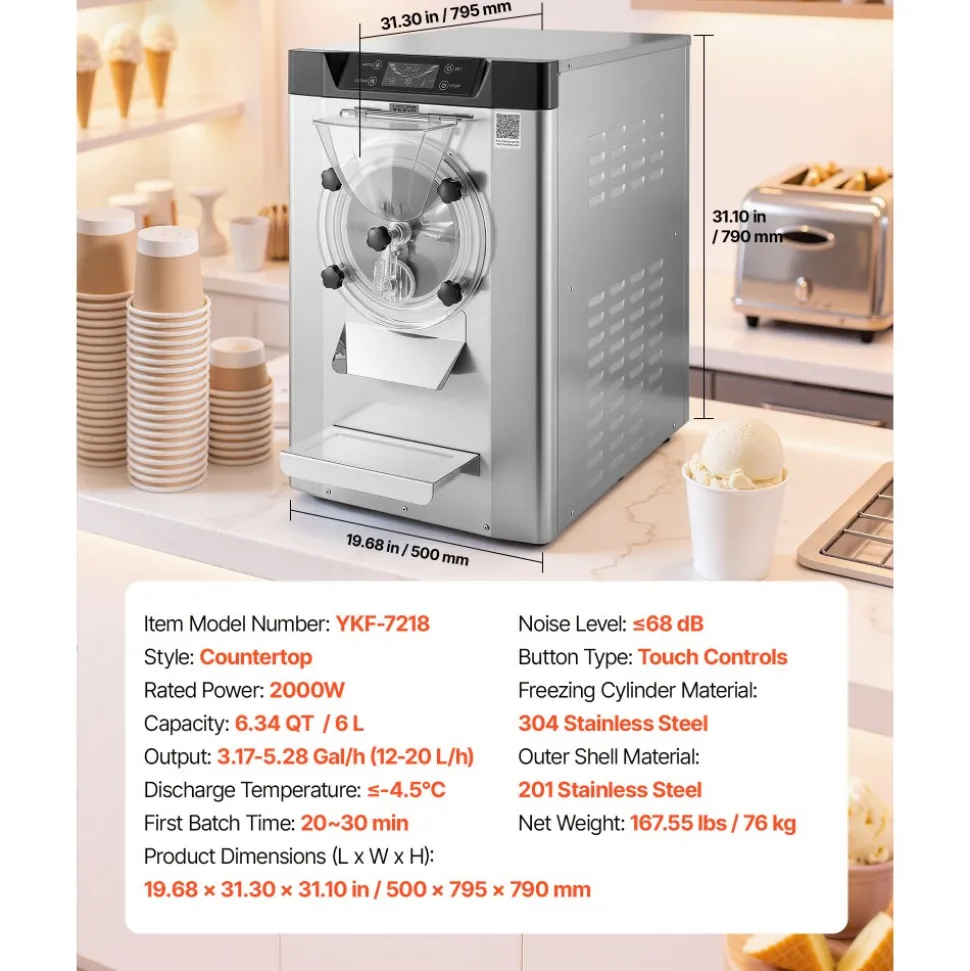 VEVOR Commercial Hard Ice Cream Machine, 2000W 3.17-5.28 Gal/Hour, Countertop Gelato Hard Serve Ice Cream Maker with 6L 304 Stainless Steel Cylinder, Auto Clean LED Panel for Snack Bar Restaurants