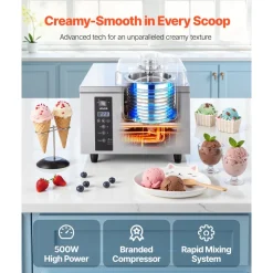 VEVOR Commercial Hard Ice Cream Machine, 500W 1.32 Gal/Hour, Gelato Hard Serve Ice Cream Maker with 2.8L 304 Stainless Steel Cylinder, Auto Clean LED Panel High Productivity for Snack Bar Restaurants