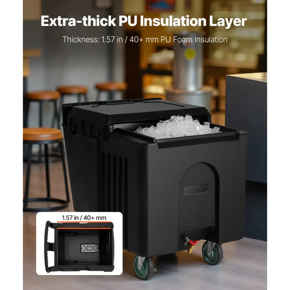 VEVOR Commercial Ice Bin, 125 lbs Portable Ice Caddy, 31.5 x 22.8 x 29 inch Insulated Ice Carrier with 4 Wheels and Sliding Lid, Large Ice Bin for Catering, Kitchens, Bistros, Restaurants, and Bars