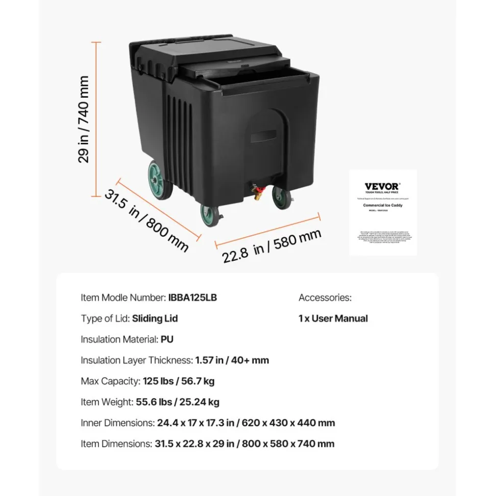 VEVOR Commercial Ice Bin, 125 lbs Portable Ice Caddy, 31.5 x 22.8 x 29 inch Insulated Ice Carrier with 4 Wheels and Sliding Lid, Large Ice Bin for Catering, Kitchens, Bistros, Restaurants, and Bars