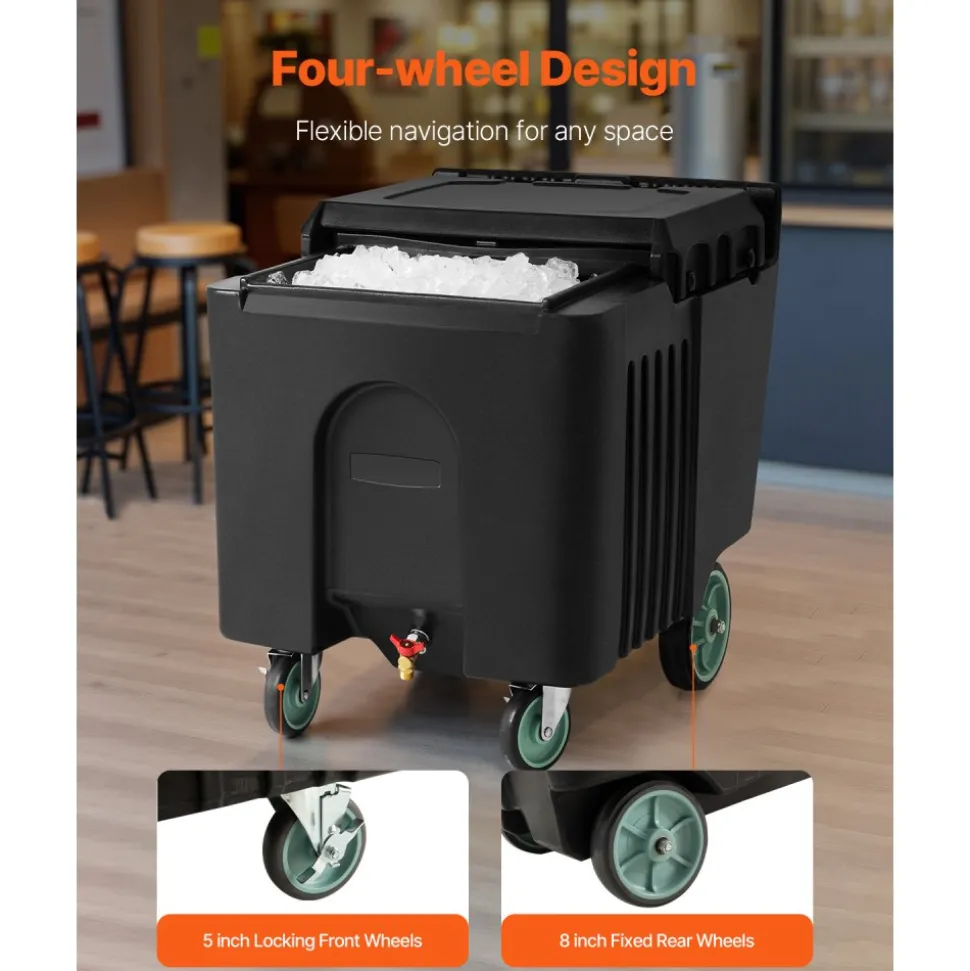 VEVOR Commercial Ice Bin, 125 lbs Portable Ice Caddy, 31.5 x 22.8 x 29 inch Insulated Ice Carrier with 4 Wheels and Sliding Lid, Large Ice Bin for Catering, Kitchens, Bistros, Restaurants, and Bars