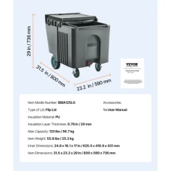 VEVOR Commercial Ice Bin, 125 lbs Portable Ice Caddy, 31.5 x 22.8 x 29 inch Insulated Ice Carrier with 4 Wheels and Flip Lid, Large Ice Bin for Catering, Kitchens, Bistros, Restaurants, and Bars