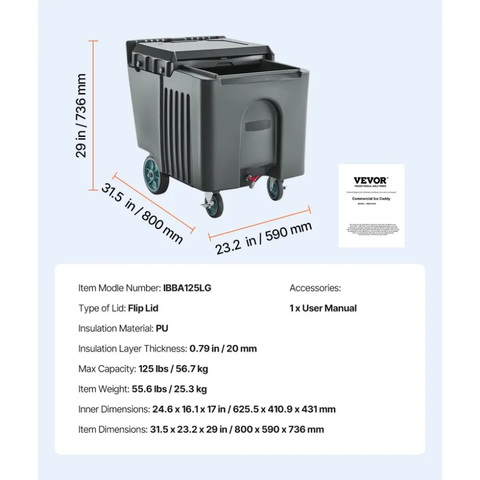 VEVOR Commercial Ice Bin, 125 lbs Portable Ice Caddy, 31.5 x 22.8 x 29 inch Insulated Ice Carrier with 4 Wheels and Flip Lid, Large Ice Bin for Catering, Kitchens, Bistros, Restaurants, and Bars